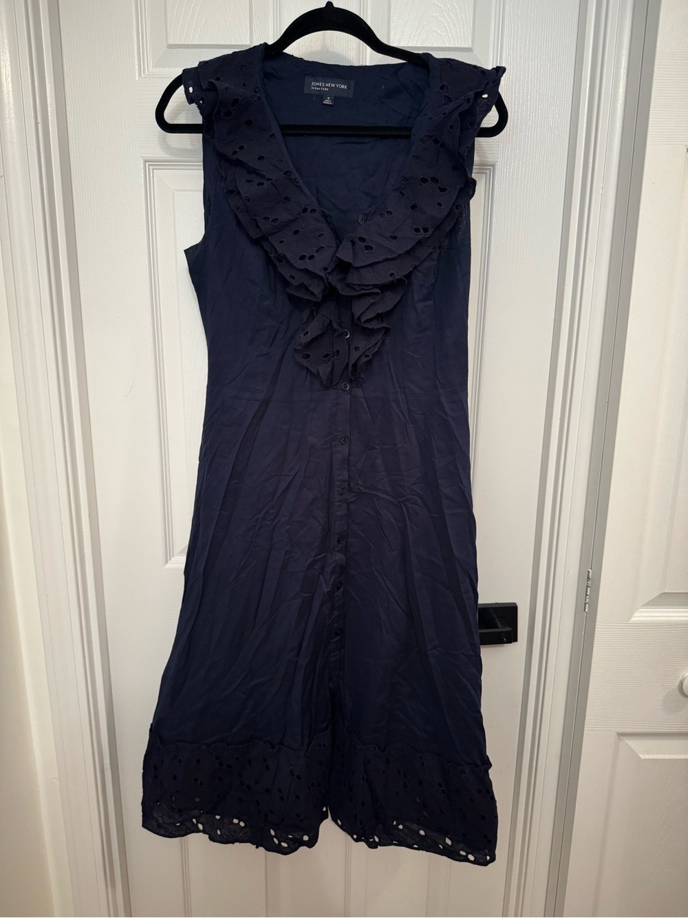 Jones New York Navy Eyelet Ruffle Button-Front Midi Dress